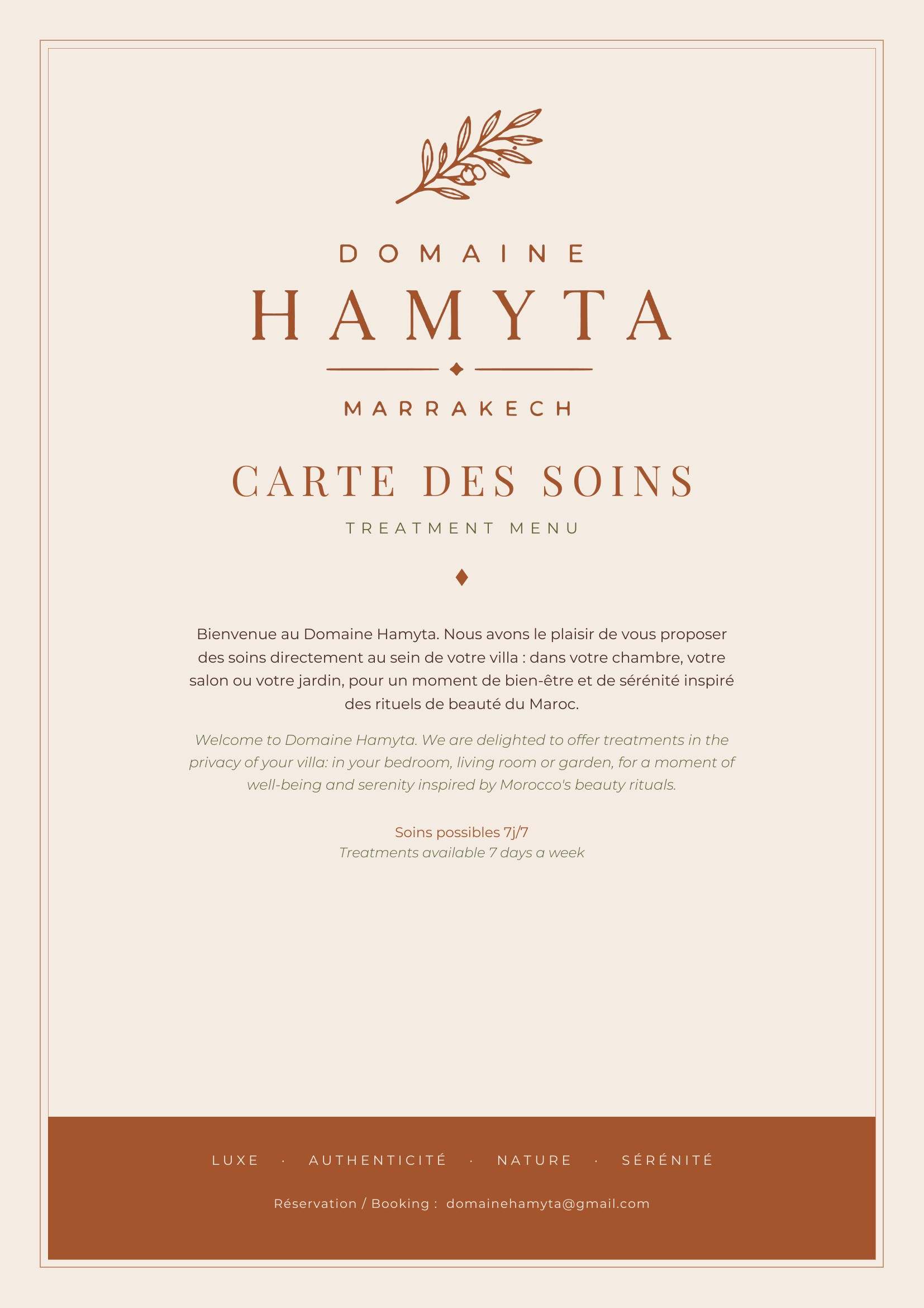 Couverture de la carte des soins du Domaine Hamyta
